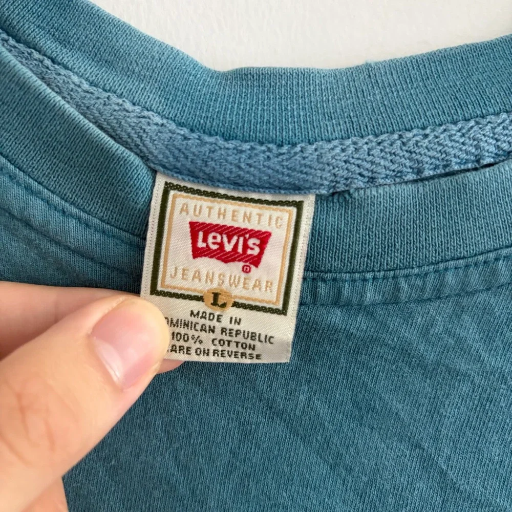 Vintage Levis Authentic Jeanswear Mens Large Teal Blue Embroidered T-Shirt